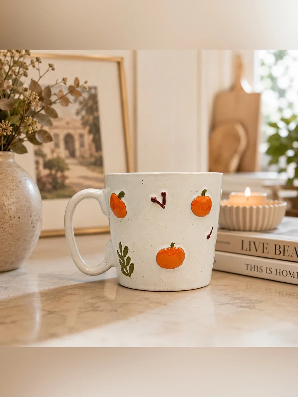 Large Pumpkin Coffee Mug 18 oz, Speckled Autumn Ceramic Tea Cup, Sunday Morning